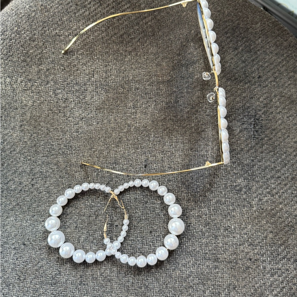 Pearl-Embellished Round Sunglasses and Earrings Set - Picture 5 of 5